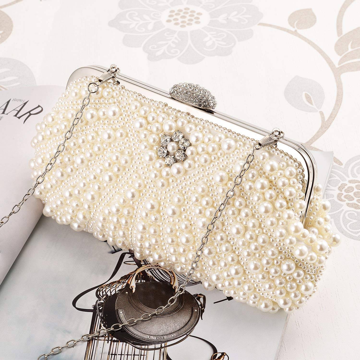 Women Pearl Clutch Bag Noble Crystal Beaded Evening Bag Wedding Clutch with Pearl Chain