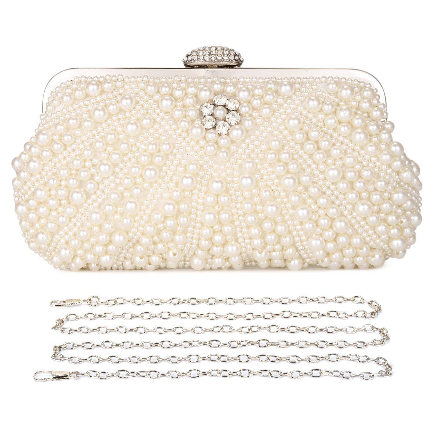 Women Pearl Clutch Bag Noble Crystal Beaded Evening Bag Wedding Clutch with Pearl Chain