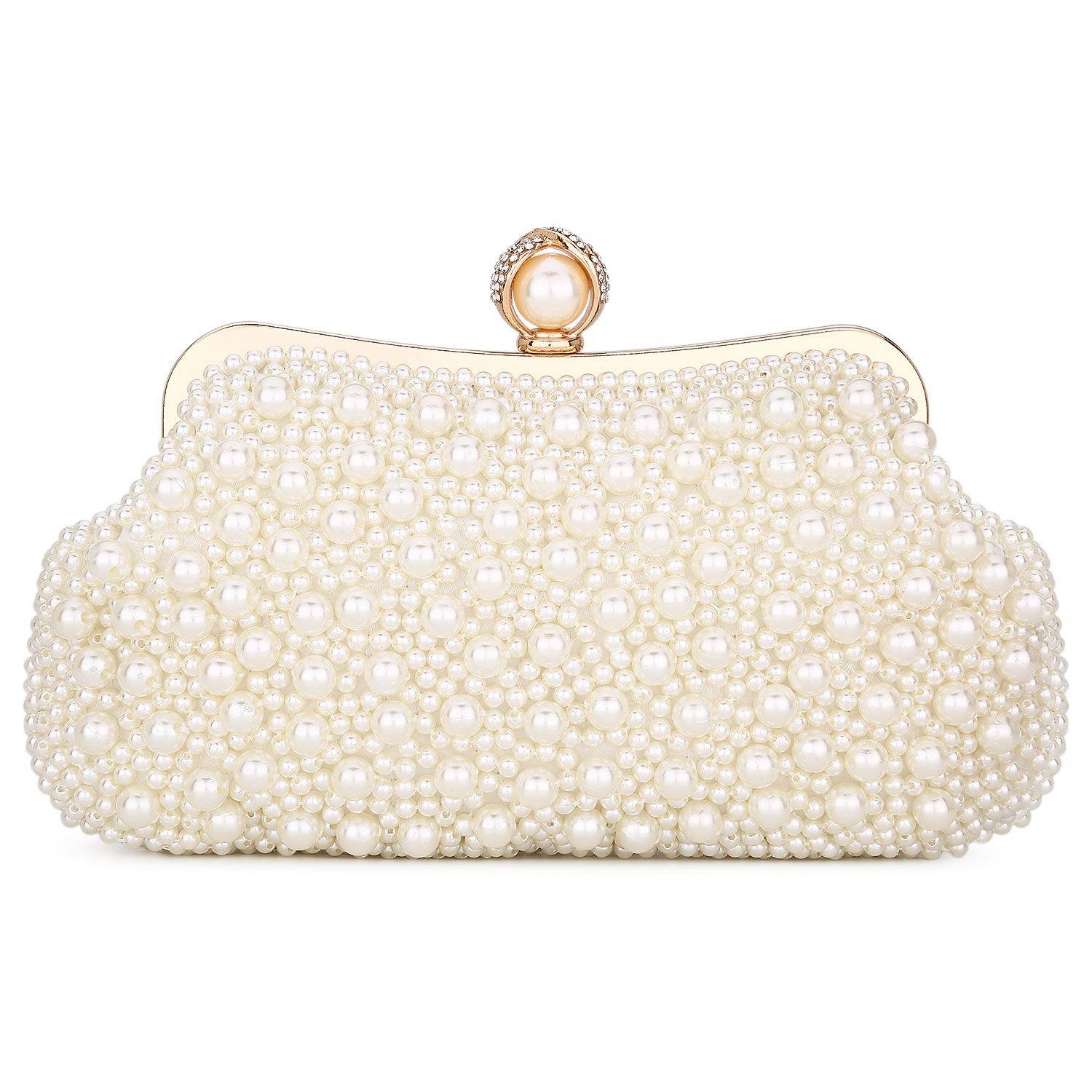 Women Pearl Clutch Bag Noble Crystal Beaded Evening Bag Wedding Clutch with Pearl Chain