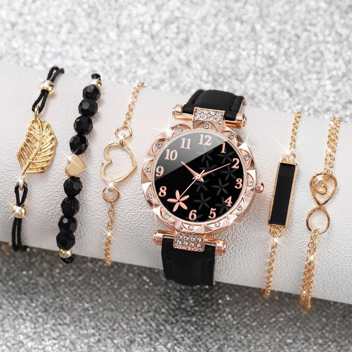 6PCS/Set Fashion Rhinestone Women Watches Heart Leaf Bracelets Set Female Flower Dial Leather Band Quartz Watch（Without Box）