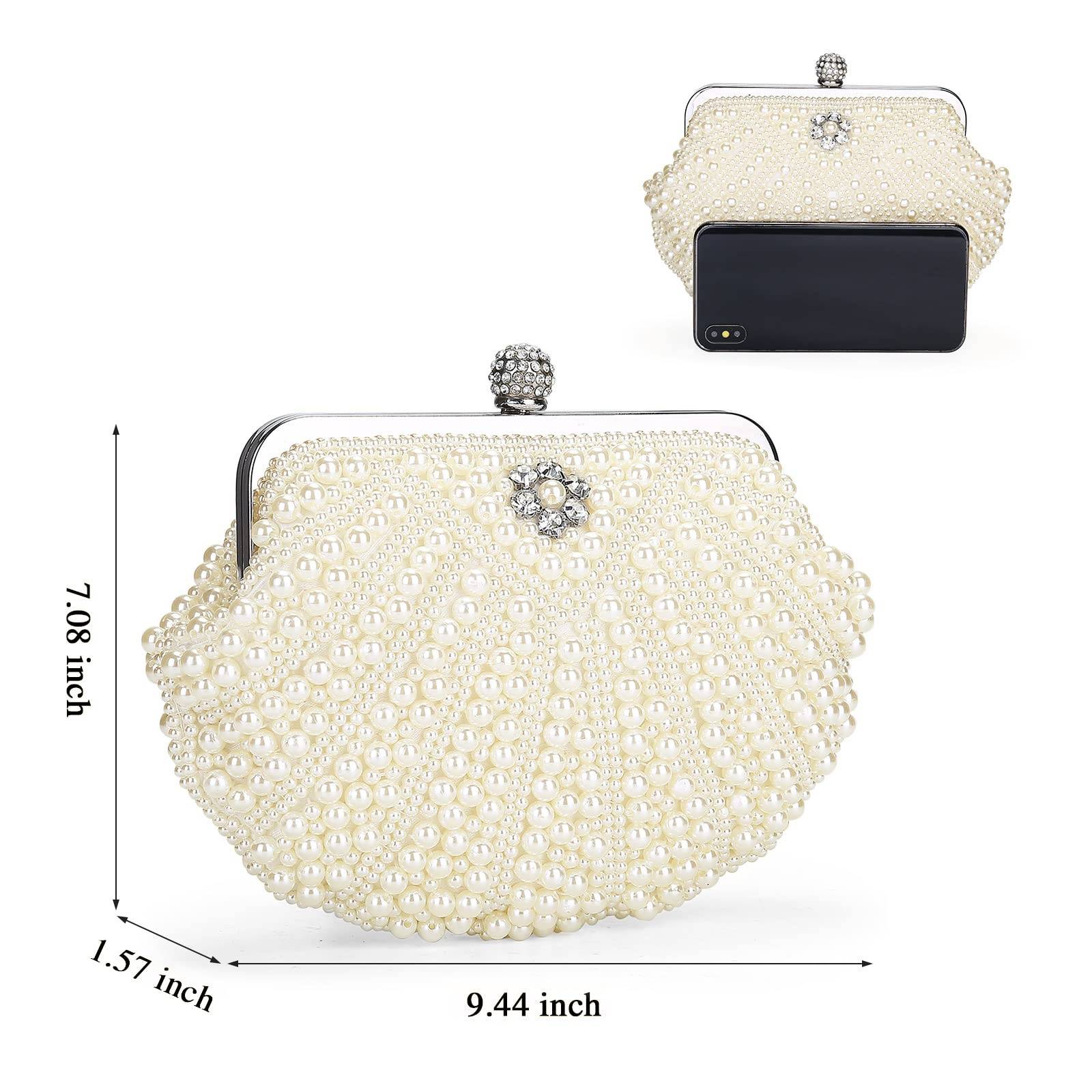 Women Pearl Clutch Bag Noble Crystal Beaded Evening Bag Wedding Clutch with Pearl Chain