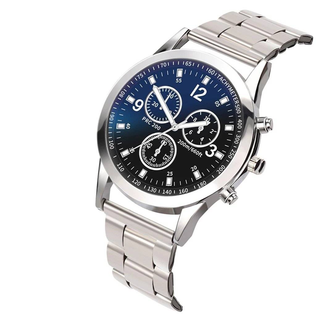 Colorful Blue Light Glass Three-Eye Steel Band Watch For Men Quartz Watch Gift