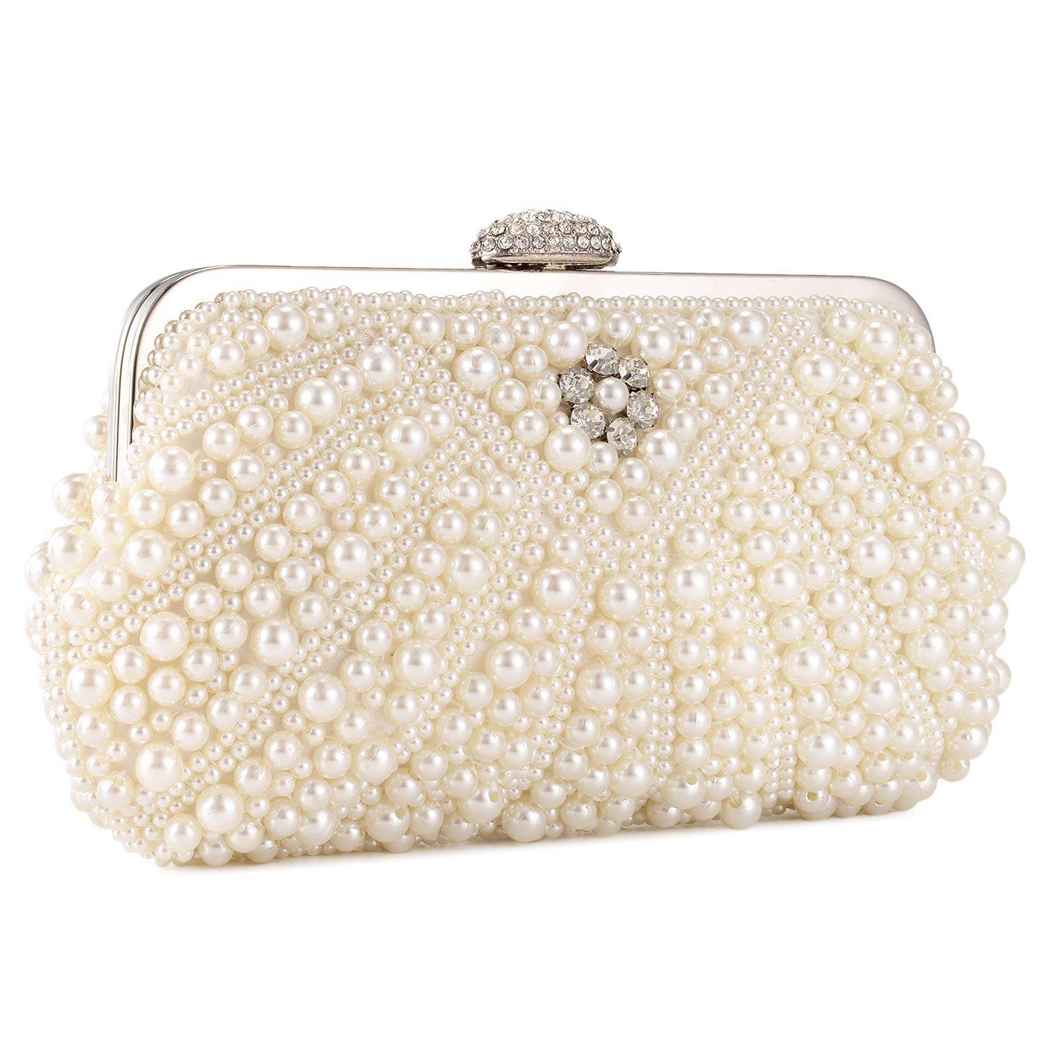 Women Pearl Clutch Bag Noble Crystal Beaded Evening Bag Wedding Clutch with Pearl Chain